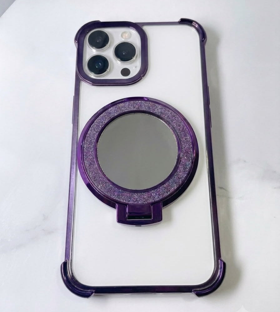 TRANSPARENTE CON BRILLOS MORADOS Y POP SOCKET - iPhone 13 / 13 Pro Max /16