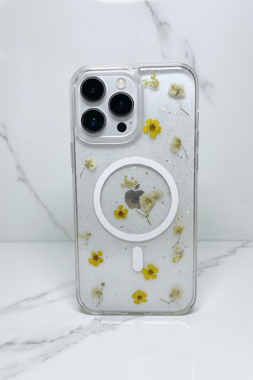 TRANSPARENTE DE FLORES  AMARILLAS Y MAG SAFE - iPhone 13 Pro Max / 14 Pro Max / 15 Pro / 16 Plus / 17 / 17 Air / 17 Pro / 17 Pro Max