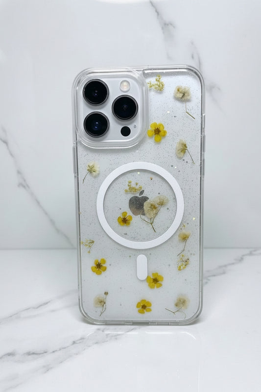 TRANSPARENTE DE FLORES  AMARILLAS Y MAG SAFE - iPhone 13 Pro Max / 14 Pro Max / 15 Pro / 16 Plus / 17 / 17 Air / 17 Pro / 17 Pro Max